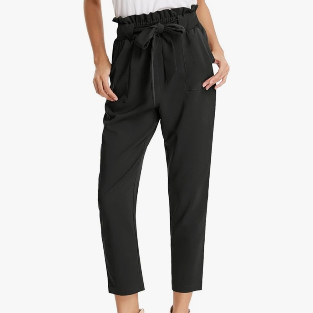 Black Paperbag Waist Pants with Bow Tie